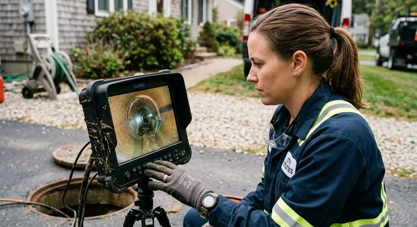 Technician reviewing sewer camera inspection footage in Baton Rouge
