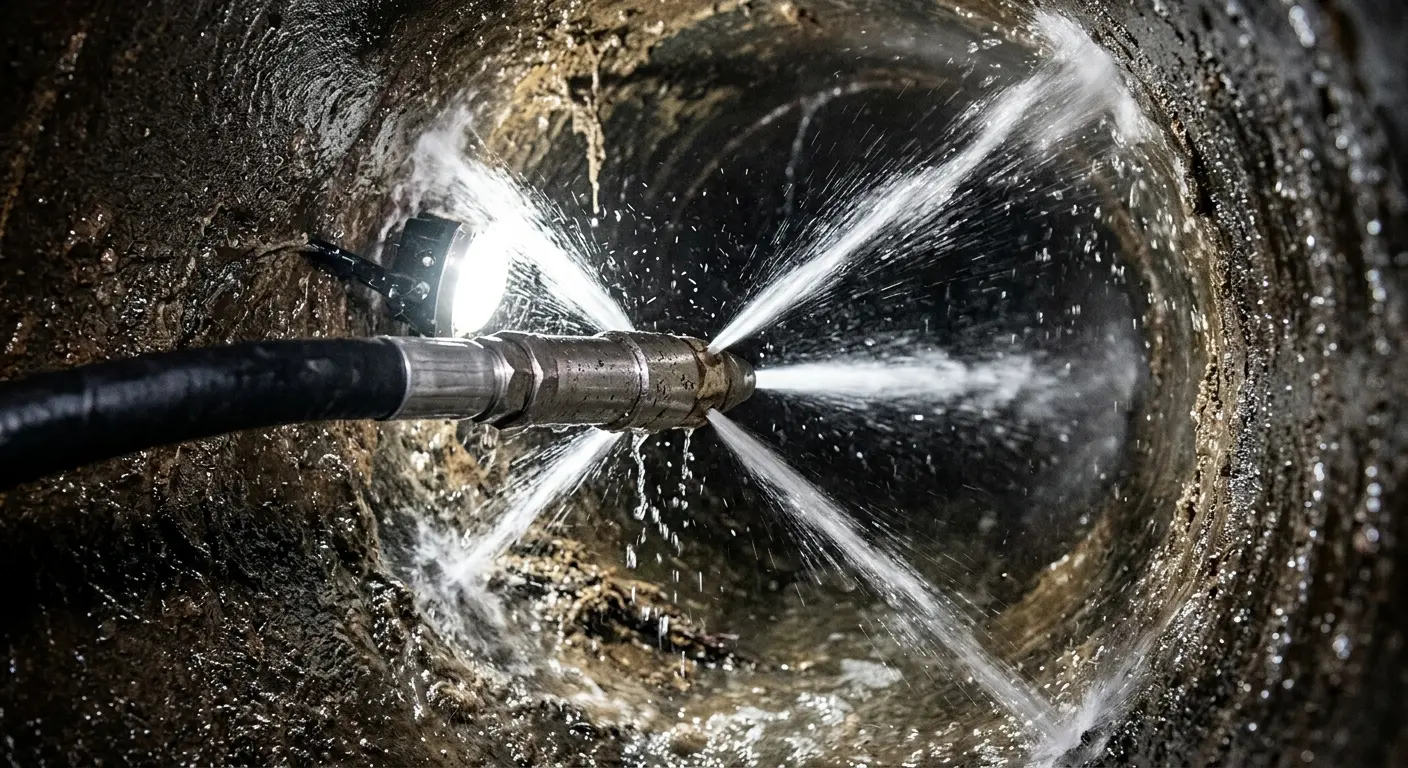 High-pressure hydro jetting nozzle cleaning sewer pipe for Sewer Cleanout in Baton Rouge