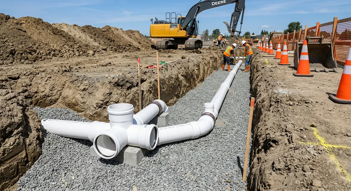 New PVC sewer pipe installation in open trench for Commercial Drain Cleaning in Baton Rouge