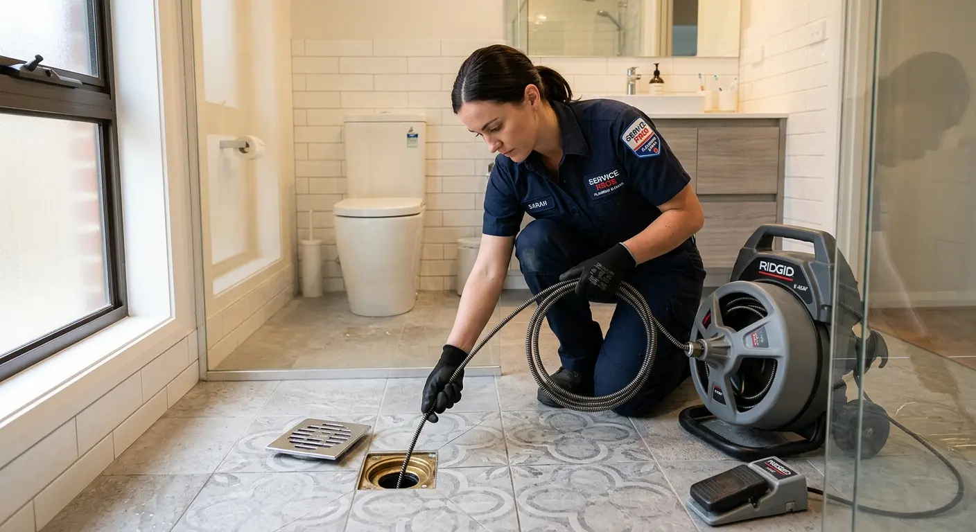 Technician clearing a bathroom floor drain for Hydro Jetting in Baton Rouge